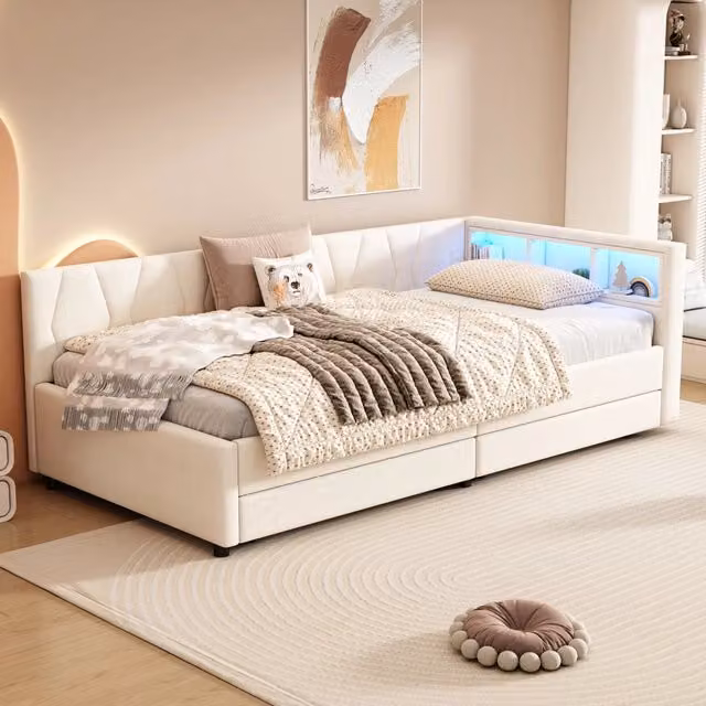 Letto singolo 90 × 200 cm con due cassetti USB e Type-C LED in lino e MDF beige