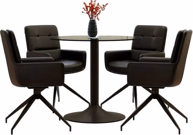 Set tavolo e sedie da pranzo con tavolo rotondo e 4 sedie girevoli in vetro temperato, metallo e PU nero
