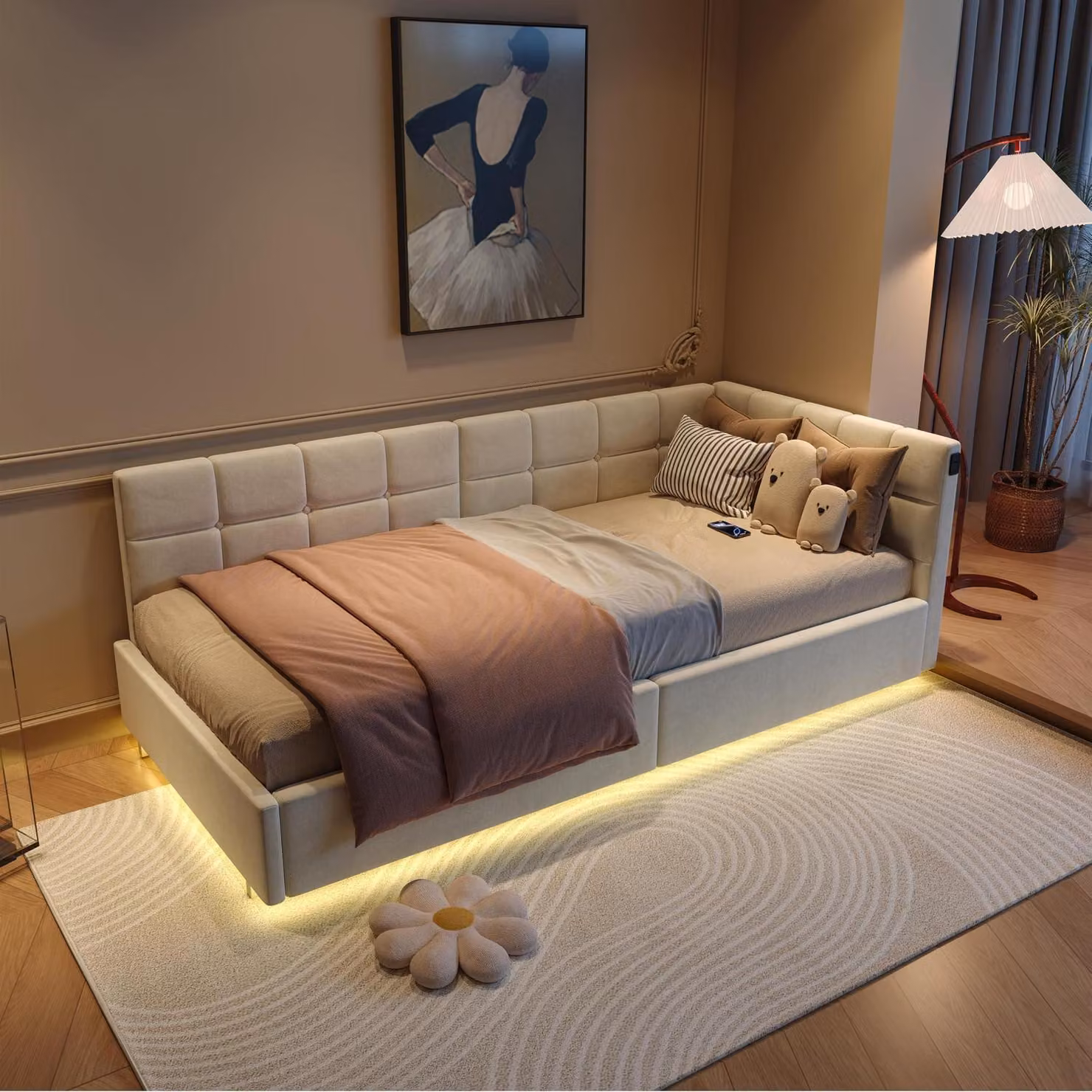 Letto singolo 90x200 cm, imbottito in velluto beige, con contenitore e illuminazione LED, dotato di presa USB