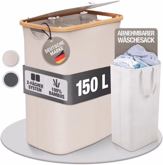 Asciugatrice 150L pieghevole con coperchio e 2 cassetti - asciugatrice di bambù stoffa beige - asciugabiancheria, cassettiera, contenitore asciugabiancheria, distributore asciugabiancheria per bagno, camera da letto & area asciugabiancheria