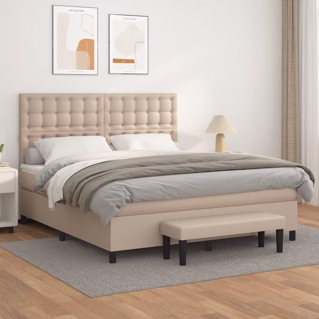 Letto con boxspring e materasso, colore cappuccino, dimensioni 180x200 cm, rivestito in ecopelle