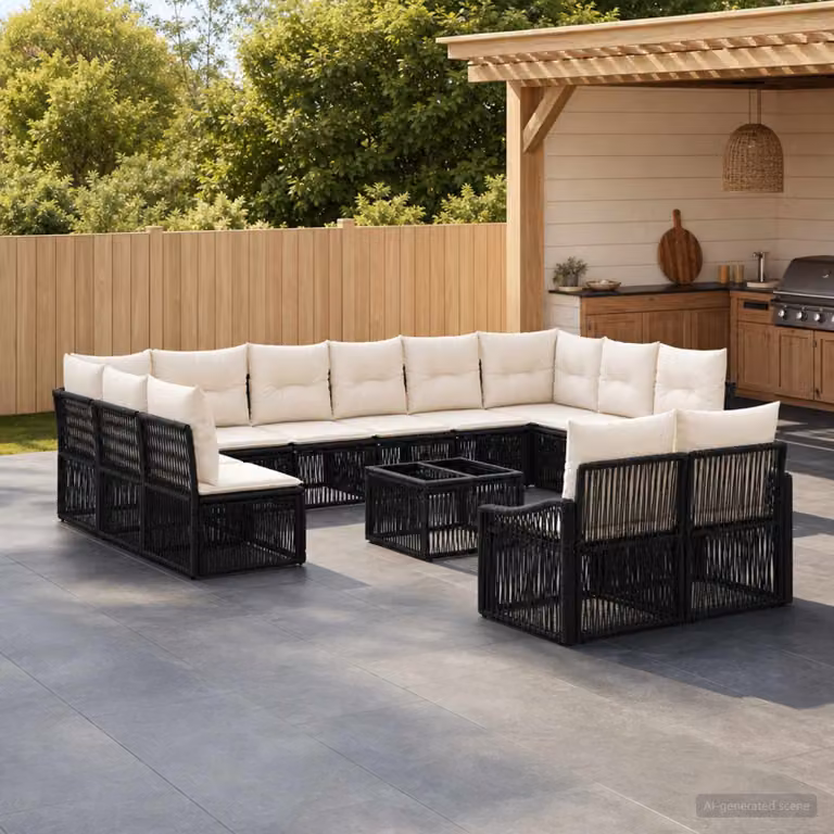 Set Divano da Giardino vidaXL a forma a U in Polyrattan Nero con Cuscini e Tavolino