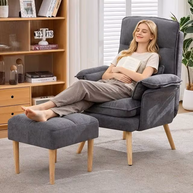 Poltrona relax ¨C Minimal ¨C grigio tessuto imbottita gambe in legno poggiapiedi schienale regolabile braccioli