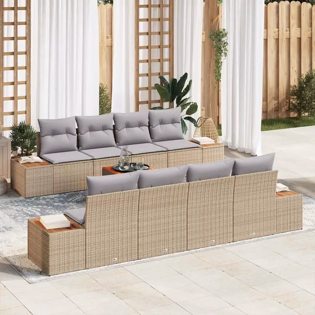 Set Divano da Giardino vidaXL 9 Pezzi in Polyrattan Beige con Cuscini e Tavolino da Esterno