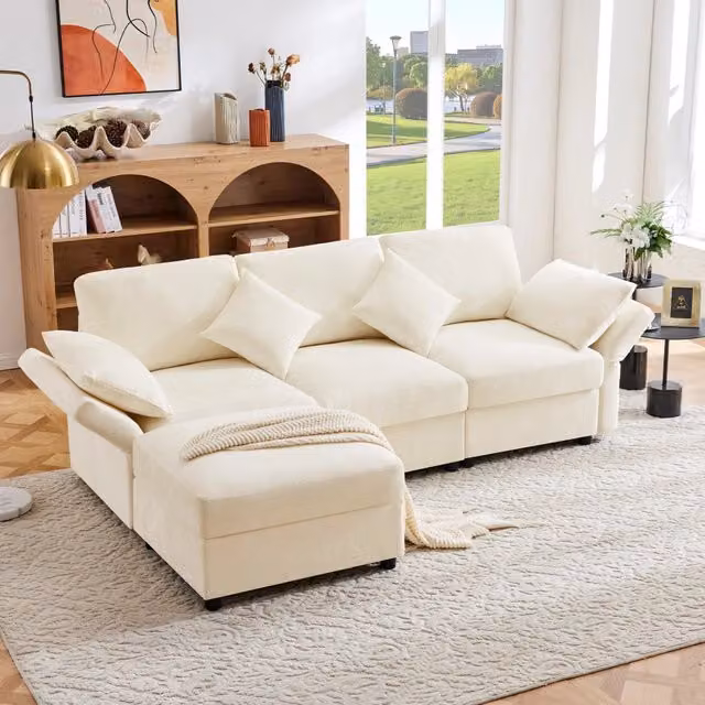 Divano multifunzionale 218x156.5x86 cm per 3 o 4 persone con pouf mobile e braccioli regolabili in chenille beige
