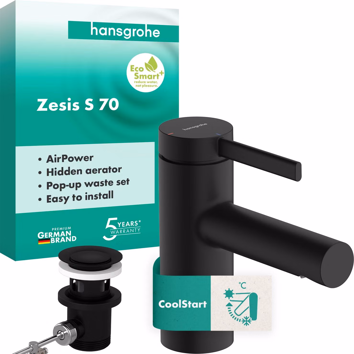 Rubinetto per lavabo Zesis S, nero opaco, altezza del beccuccio 74 mm, tecnologia CoolStart