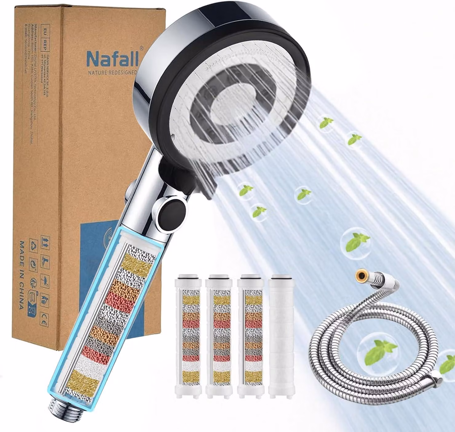 Doccia con flessibile da 1,5 metri, 5 tipi di getto, con filtro, attacco G1/2, per bagno
