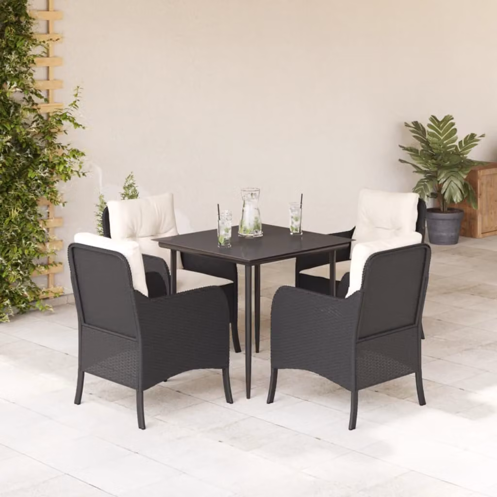 Set da Pranzo da Giardino vidaXL 5 pz in Polyrattan Nero con Cuscini e Tavolo in Vetro – 1