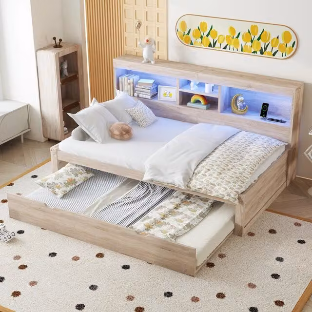 Divano letto singolo 90x200 con letto estraibile luci LED presa USB bianco