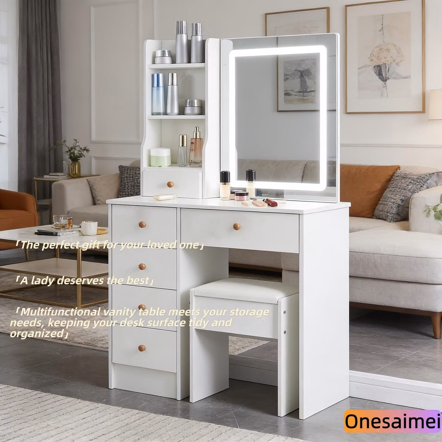 Comodino con specchio a LED - Bianco - Legno - Design moderno - Arredamento per la camera da letto