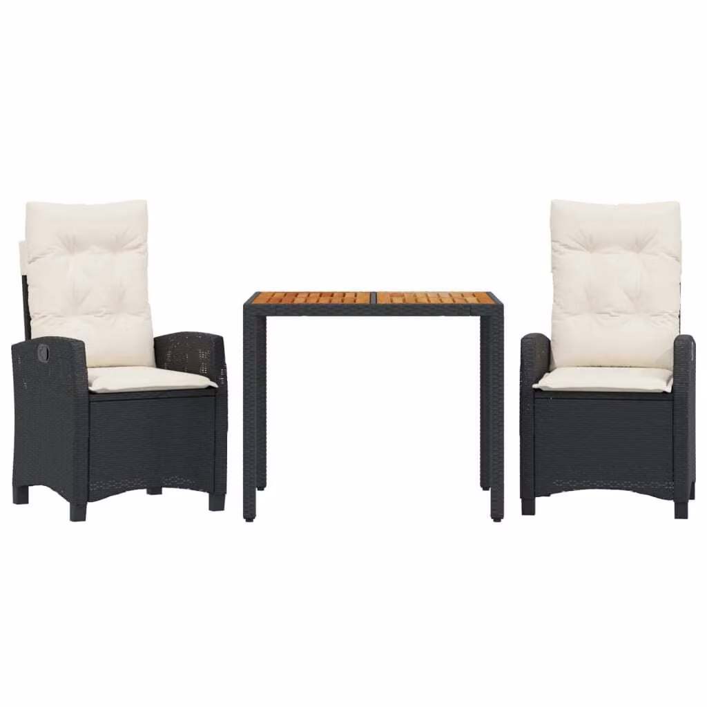 Set da Pranzo da Giardino 3 pz con Cuscini Nero in Polyrattan