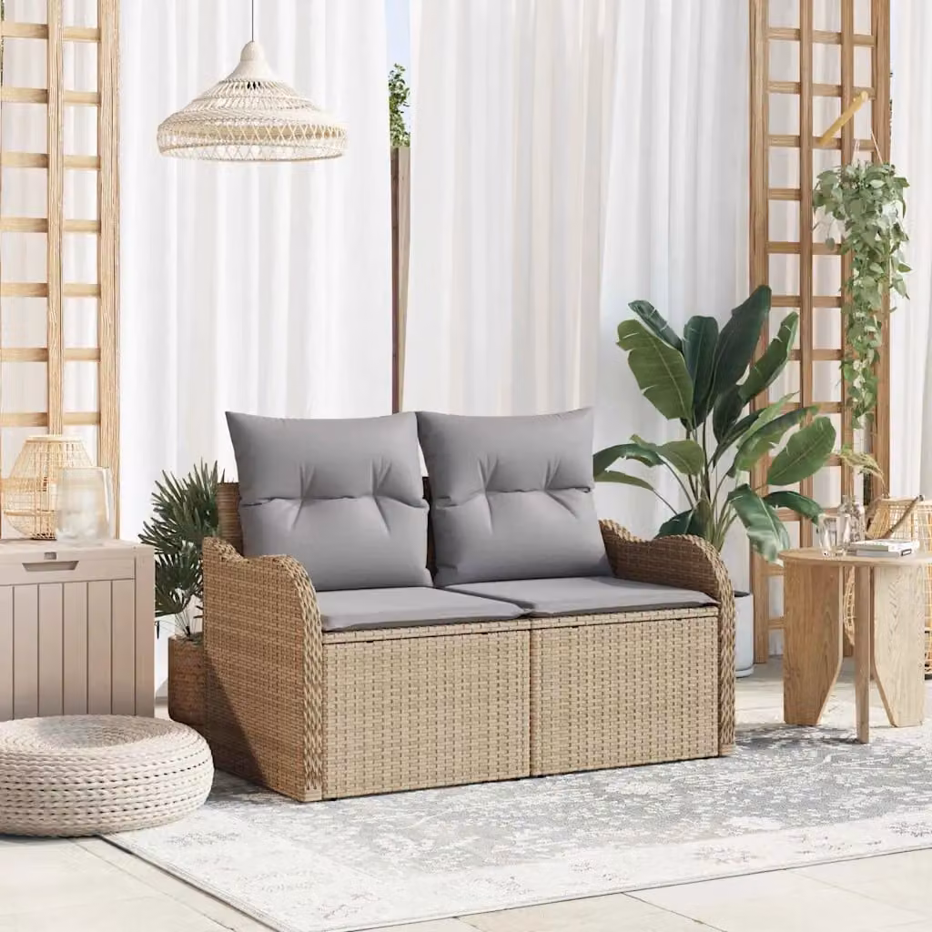 Divano da giardino vidaXL in polyrattan con cuscini beige, L: 121 cm, P: 62 cm, H: 69 cm