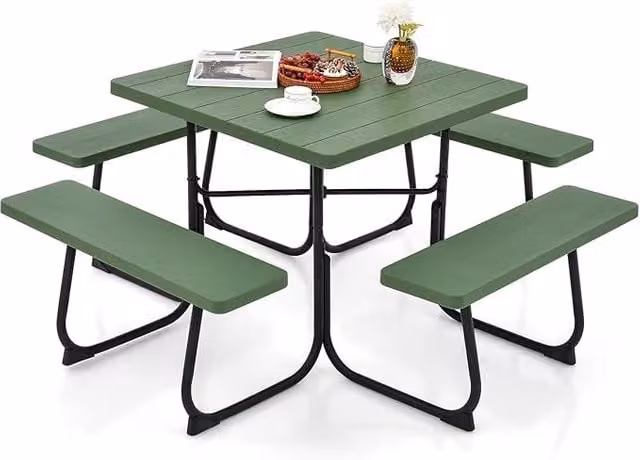 Set Tavolo da Picnic Quadrato con Panche per 8 Persone, Tavolo da Picnic con 4 Panche e Foro per Ombrellone, con Telaio in Metallo, Ogni Panca Portata 225 kg, per Giardino, Cortile (Verde)