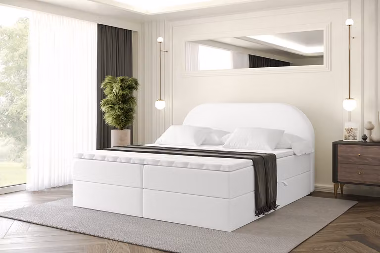 Letto boxspring ALTDECOR con materasso e rete a doghe, topper, letto imbottito con contenitore, letto con vano portaoggetti e materasso H4, letto matrimoniale, letto boxspring - NOX - 120x200 - Ecopelle bianca