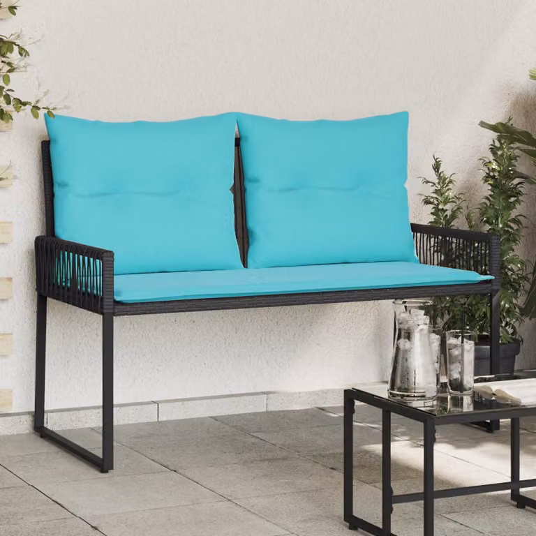 Set di 4 panchine da esterno vidaXL in rattan e metallo con braccioli, modello moderno per giardino e terrazzo, L 118 cm x P 59 cm x H 82 cm, colori nero e turchese