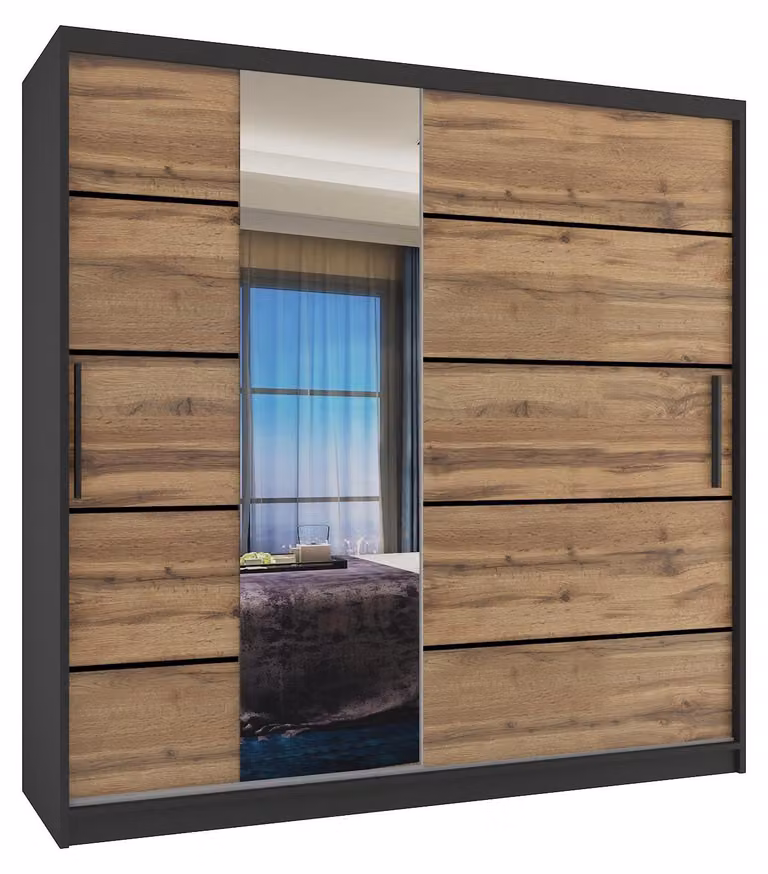 BELINI Verona, armadio scorrevole da 200 cm, nero/marrone dorato opaco - armadio con specchio e 2 cassetti, ideale per la camera da letto