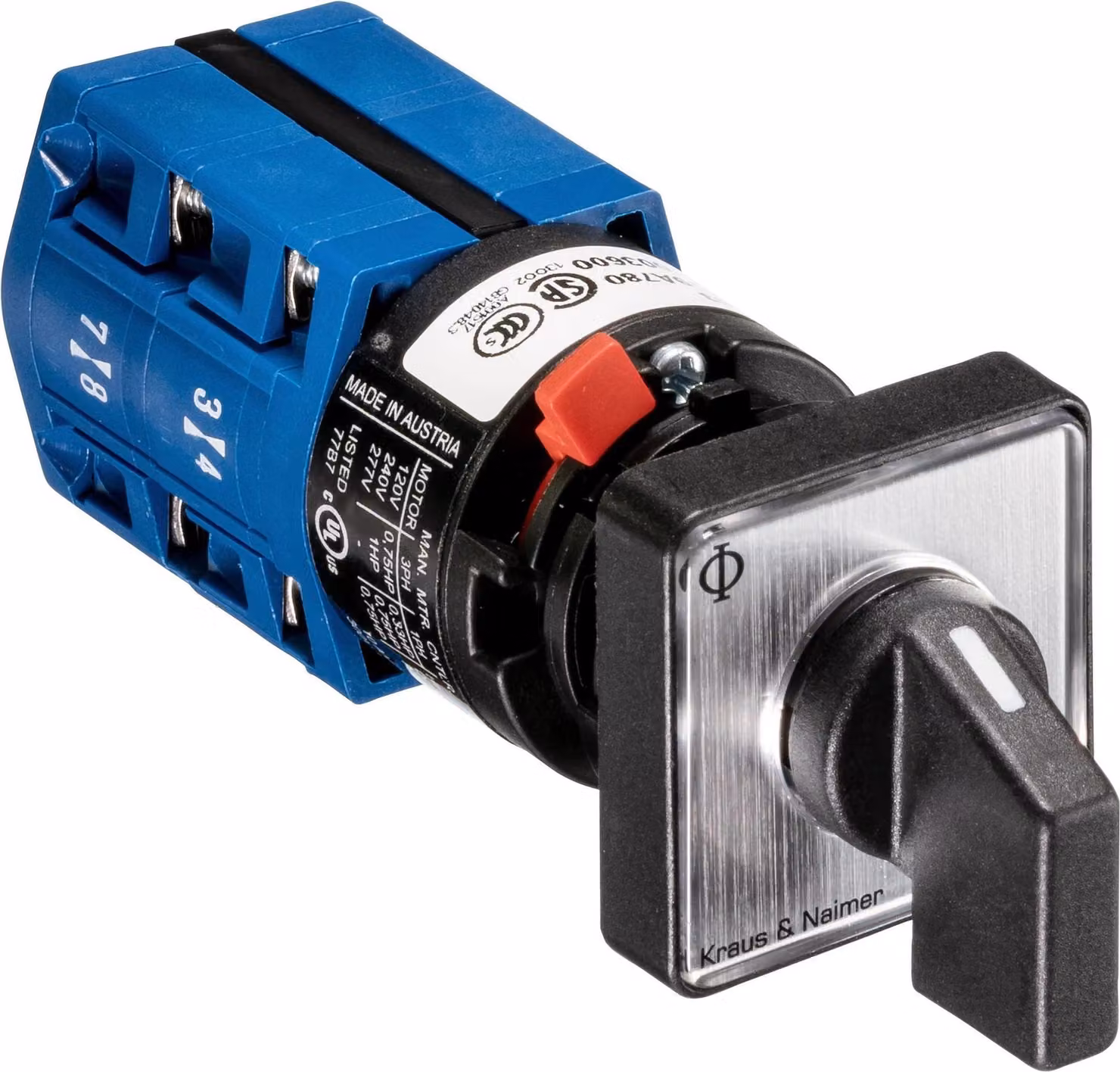 Interruttore Kraus & Naimer, 2 poli, 60°, fissaggio centrale, Ith=10A, P=2,2kW(AC3,400V AC), 2x1,5mm², 1 pz.
