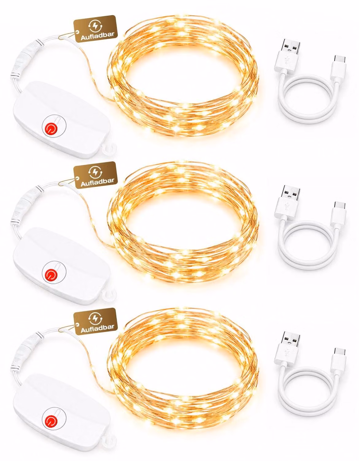 Catena luminosa a LED mini, 2 metri, 20 LED bianco caldo, set da 3