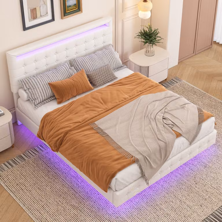 Letto imbottito MODFU 140 x 200 con rete a doghe e LED, letto matrimoniale per ragazzi con testata regolabile in altezza in tre fasi, letto per bambini, bianco (CON materasso)