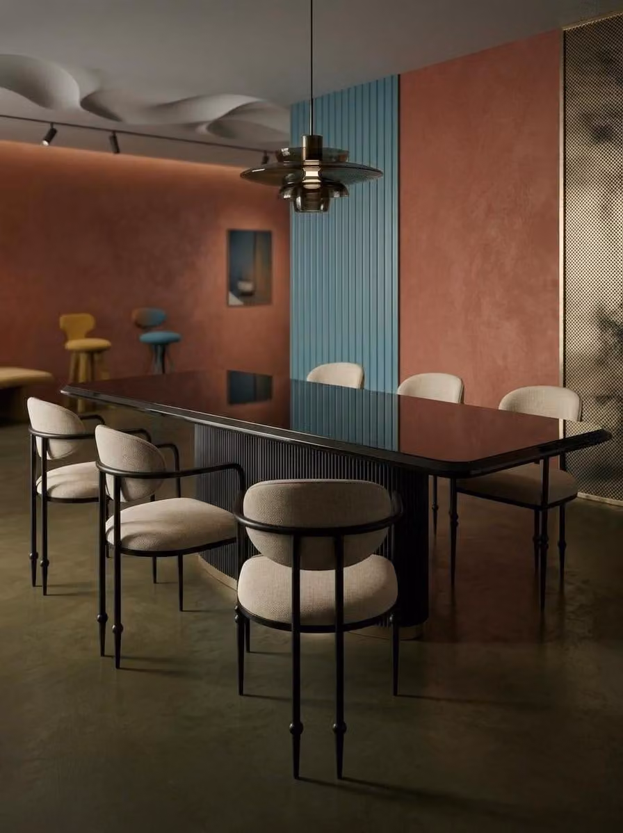 Set moderno per sala da pranzo: tavolo da pranzo nero, sei sedie imbottite, design lussuoso