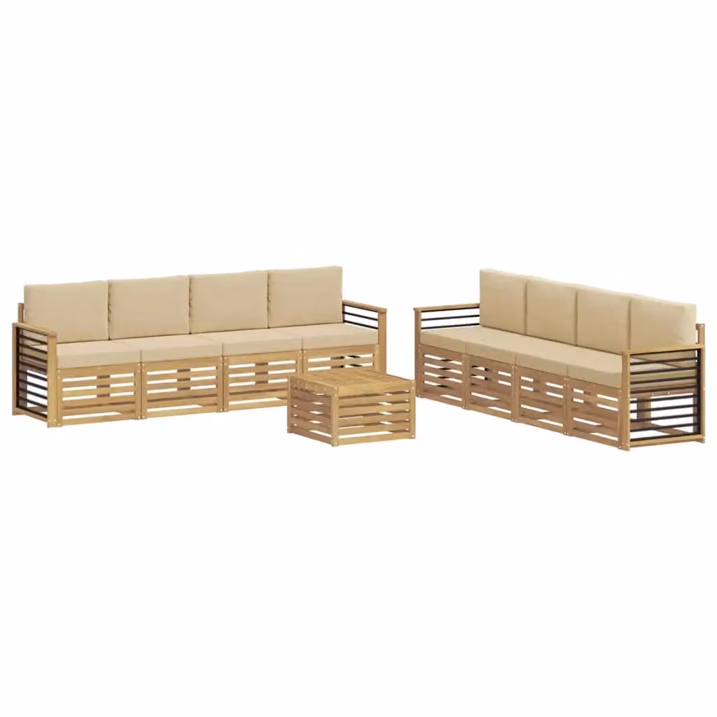 Set di mobili da esterno vidaXL composto da 9 pezzi con divano a 3 posti, tavolino da caffè e cuscini in legno di acacia trattato, colore bianco e beige – 2