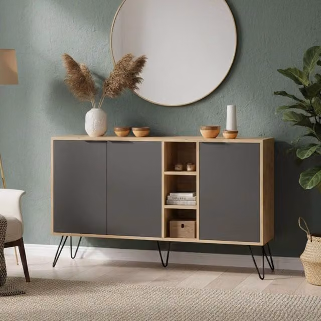 Credenza Alin DMORA, Buffet e Madia da Soggiorno o Cucina, Quercia e Antracite, L: 142 cm, P: 35,6 cm, H: 83 cm – 1