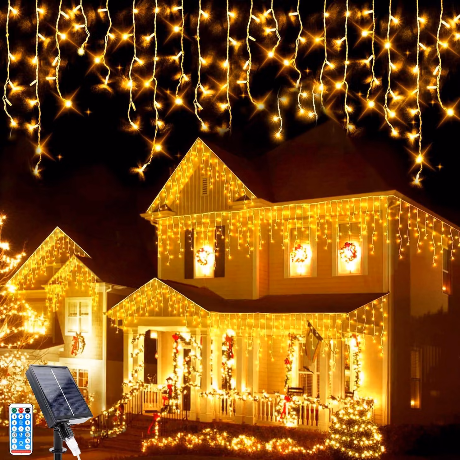 Catena luminosa solare, 7 metri, 256 LED, 32 gruppi, impermeabile, luce bianco caldo