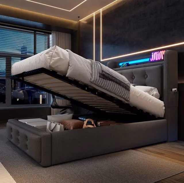 Letto singolo ULEVR 90x200 cm con contenitore a gas, testiera LED con 2 prese, USB e Type-C, grigio
