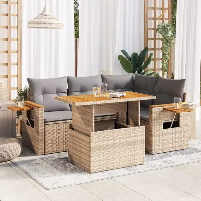 Set Divano da Giardino 5 pz con Cuscini Beige Polyrattan Acacia 3327594