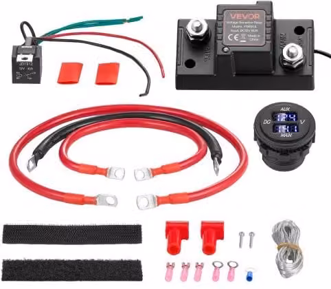VEVOR Kit Isolatore Batteria Doppia 12V 80A con Relè VSR, Voltmetro e Schermo LCD, Nero, Compatibile con Batterie al Piombo per Furgone e Camper