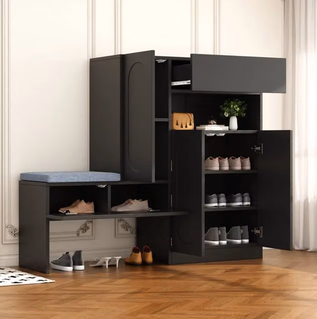 Mobile portascarpe 130 x 35 x 110 cm nero con panca integrata