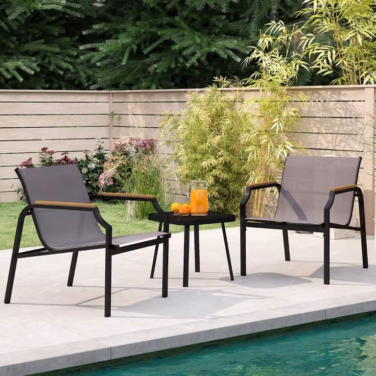 Set da giardino Costway a 3 pezzi composto da tavolo e poltrone in metallo e plastica, colore grigio e nero con finitura opaca e design moderno