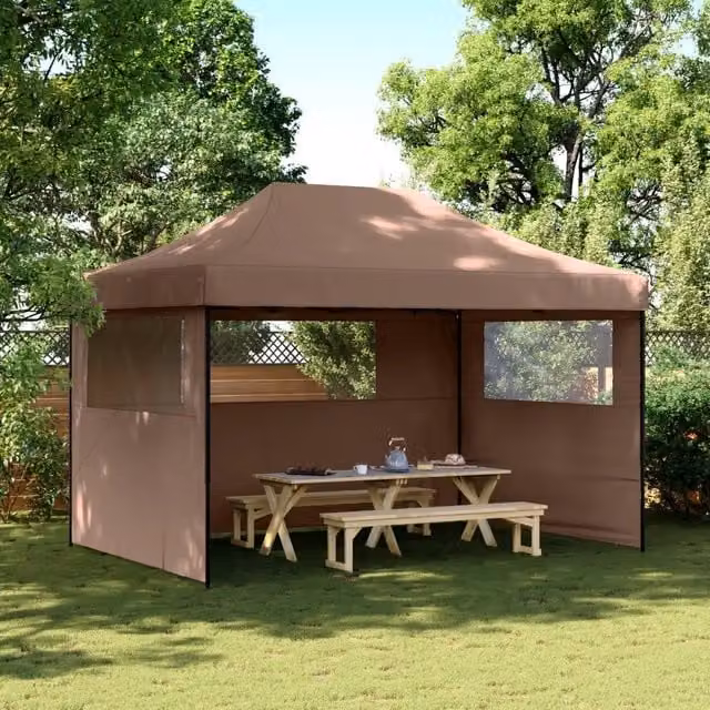 Tendone per feste pop-up pieghevole vidaXL con 3 pareti e finestra, marrone e nero, L: 410 cm, P: 315 cm, H: 279 cm – 1