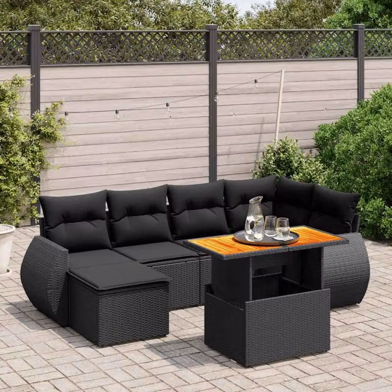 Set Divani da Giardino vidaXL a Forma a L con Cuscini 7pz in Polyrattan Nero