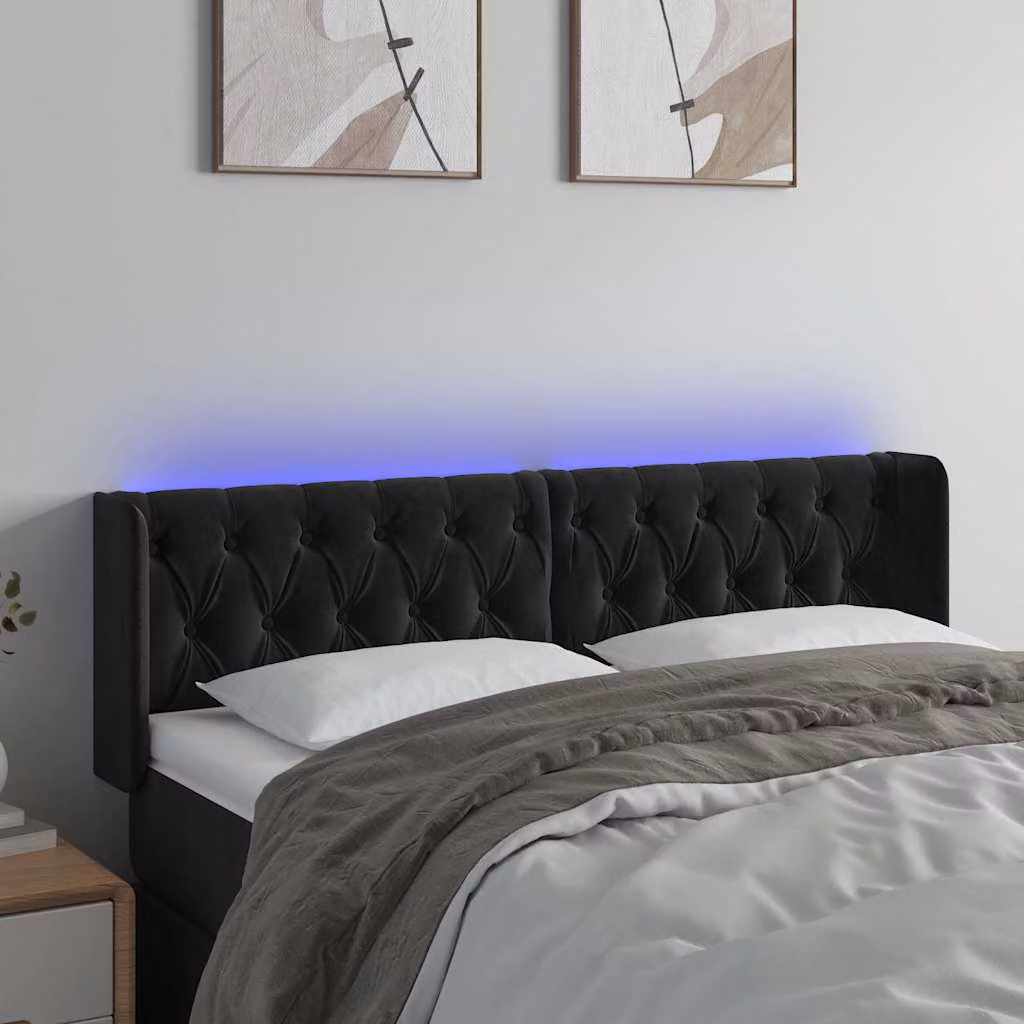 Testiera per letto vidaXL in velluto nero con illuminazione LED integrata e porta di ricarica USB, L: 163 cm, P: 16 cm, H: 78-88 cm