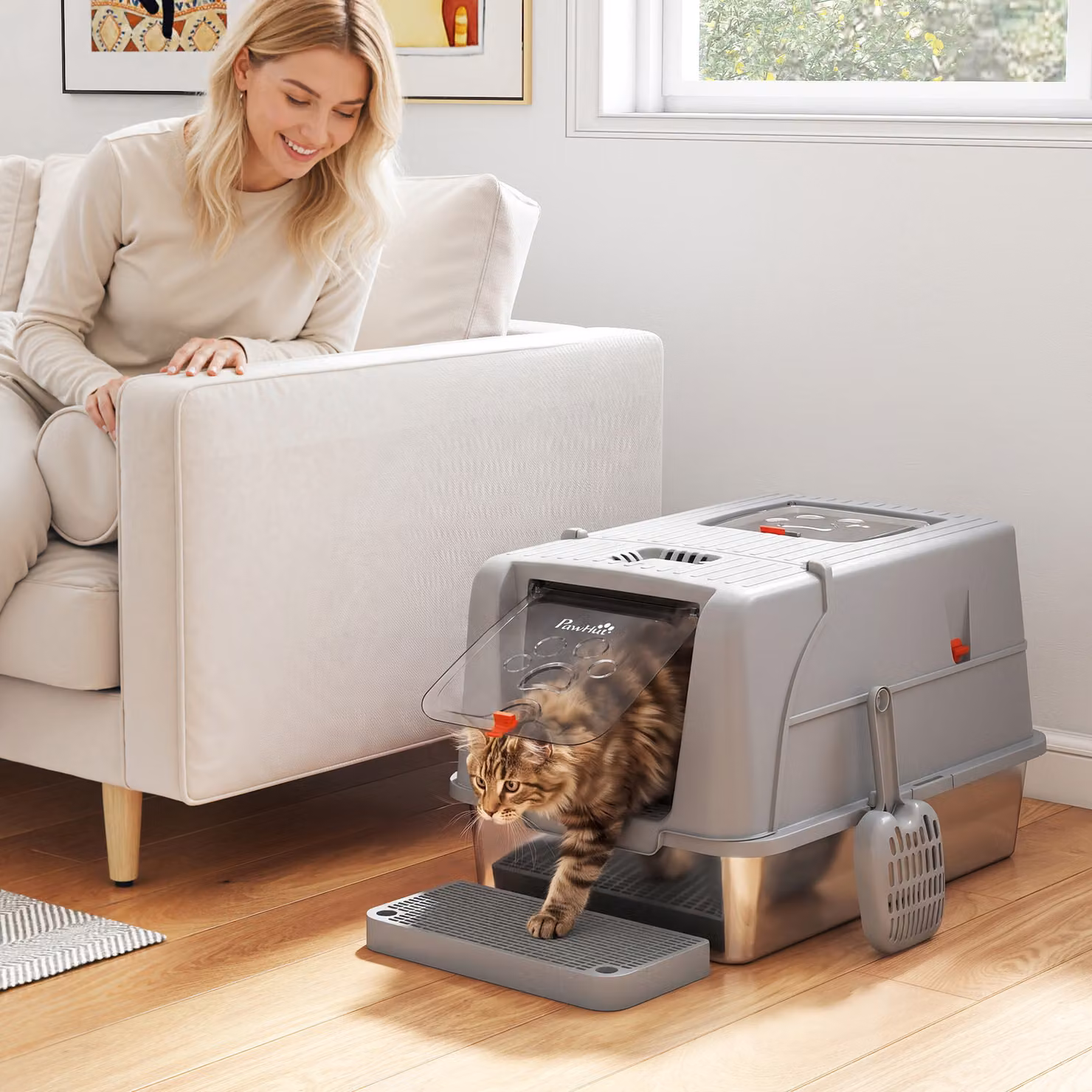 Lettiera per gatto chiusa XL PawHut in acciaio inox con coperchio, gradino raccogli-lettiera e paletta, Grigio Chiaro – 2