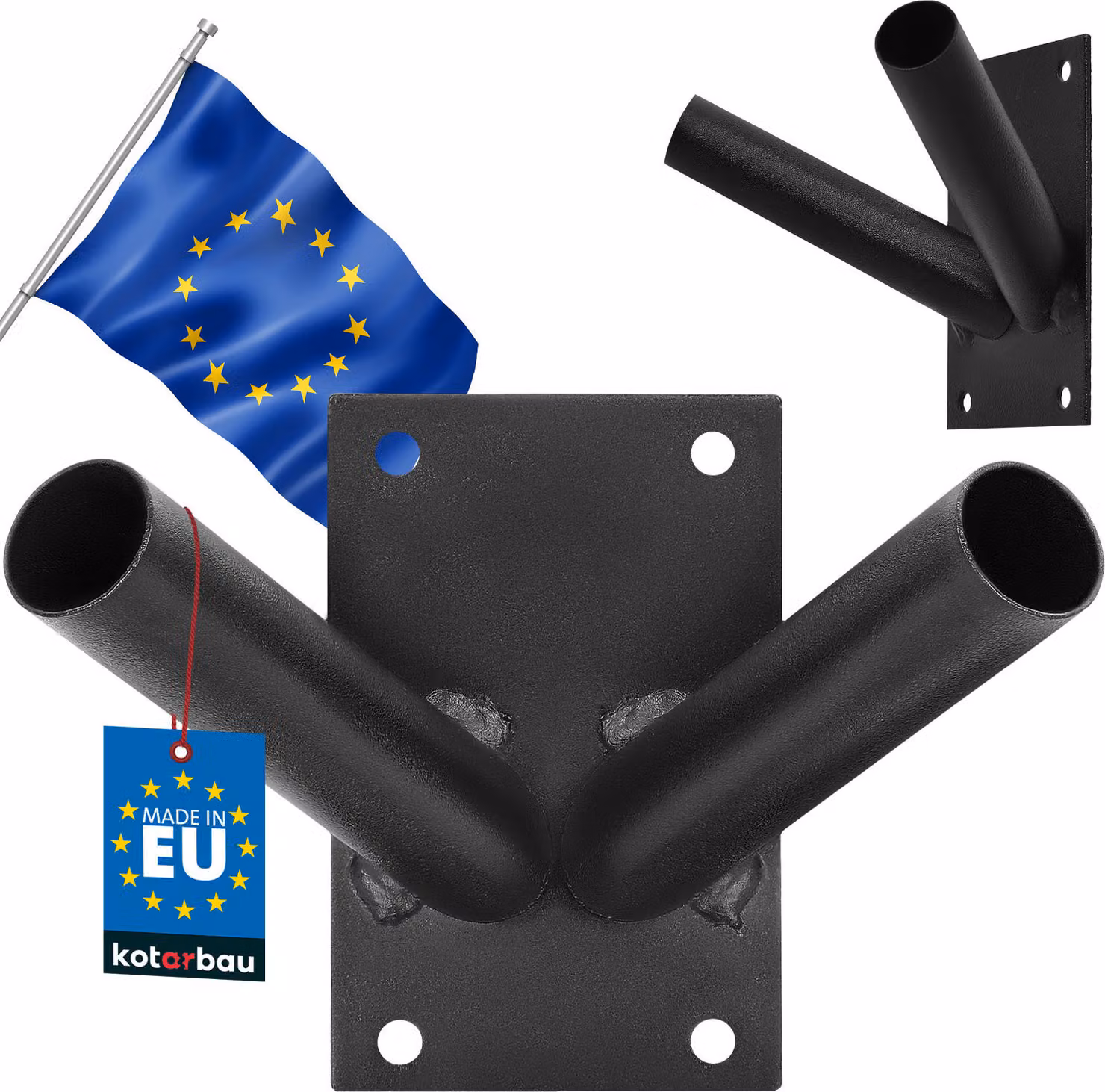 KOTARBAU® Portabandiera 2 pieghe fissaggio a vite 70 x 110 mm portabandiera portabandiera verniciato a polvere nero portabandiera portabandiera maniglia montaggio a parete portabandiera a parete