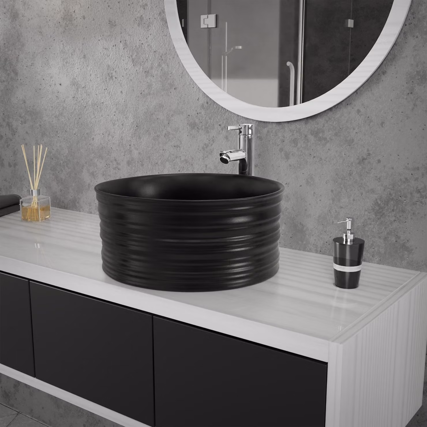 LuxeBath Lavabo da appoggio rotondo, Ø 41x18 cm, nero opaco, in Vetroceramica