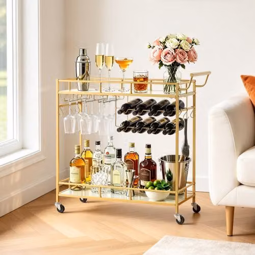 VEVOR Carrello Bar da Cucina con 2 Ripiani in Vetro e Metallo, Colore Dorato, L 88 cm x P 35 cm x H 89 cm