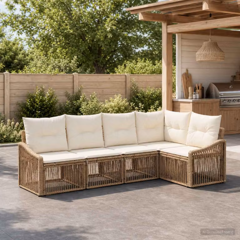 Set Divano da Giardino vidaXL 5 pz a Forma a L Beige con Cuscini Imbottiti e Struttura in Metallo e Polyrattan