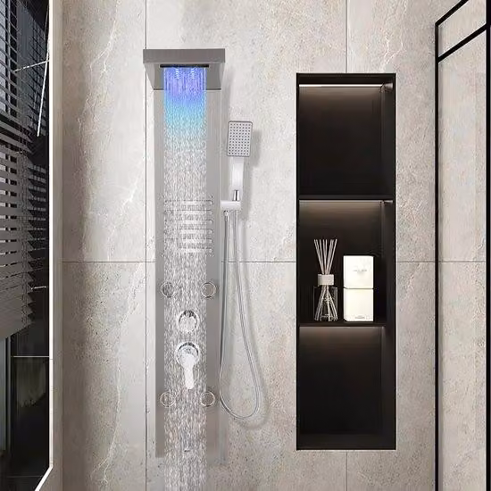 Doccia a pioggia con massaggio - LED - Argento - Doccia a pioggia con funzione massaggio - Doccia a pioggia con display LCD e soffione manuale con 5 funzioni