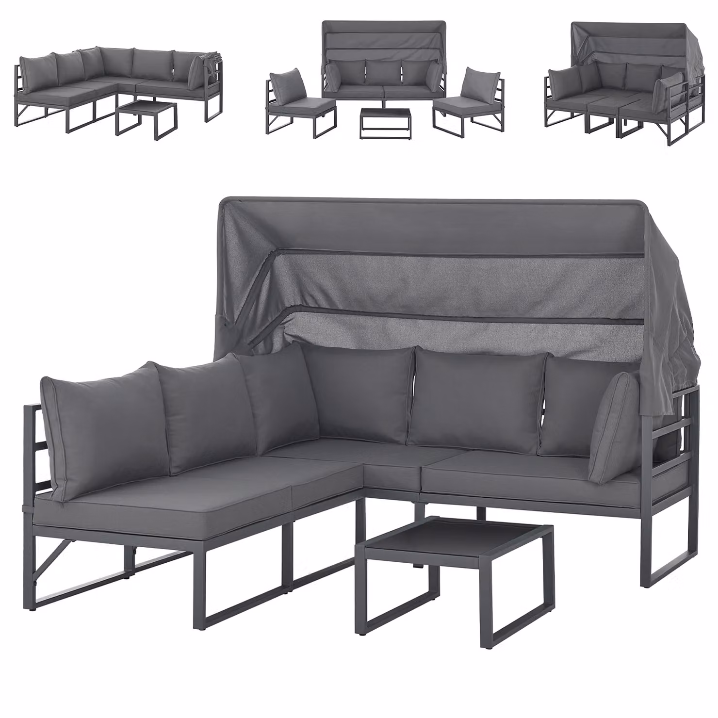 SVITA MAUI Set di mobili da giardino lounge con tetto Divano da esterno Sedia a sdraio Isola solare Acciaio Grigio