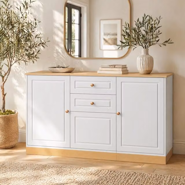 Credenza sideboard MODFU con 3 ante e 2 cassetti, bianco e oro, L: 135,5 cm – 1