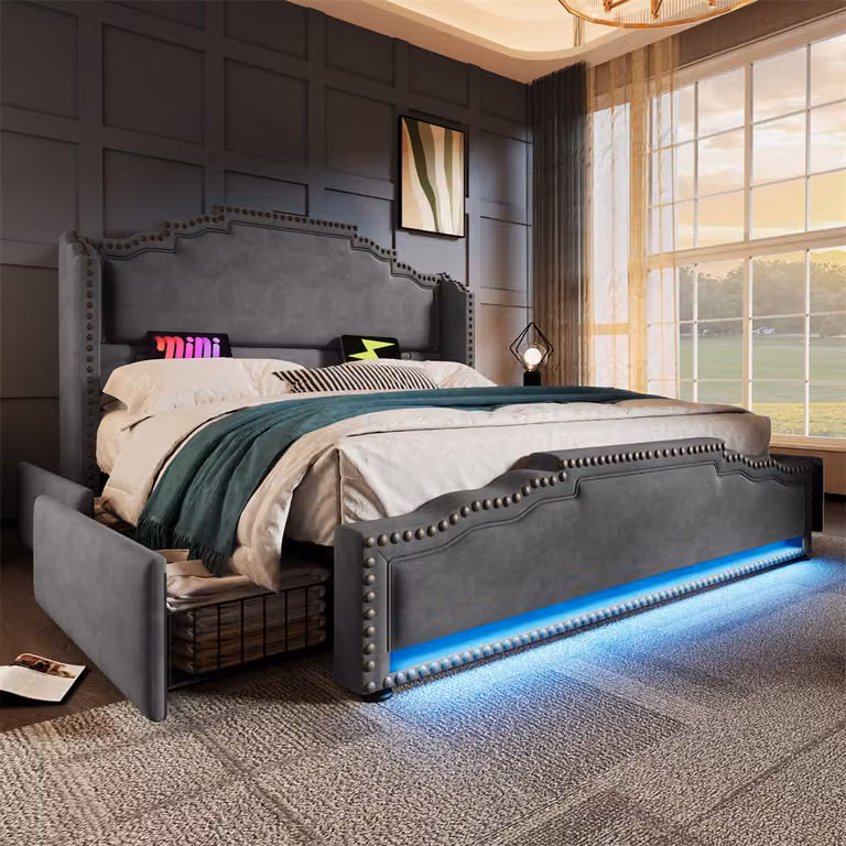 Letto imbottito Sweiko 160×200, letto matrimoniale con 4 cassetti, letto contenitore e letto per ragazzi con rete a doghe, velluto, grigio, senza materasso