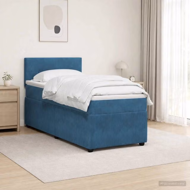 Letto box spring ibrido vidaXL in velluto blu con materasso a molle insacchettate e base contenitore, L/P: 190 x 90 cm