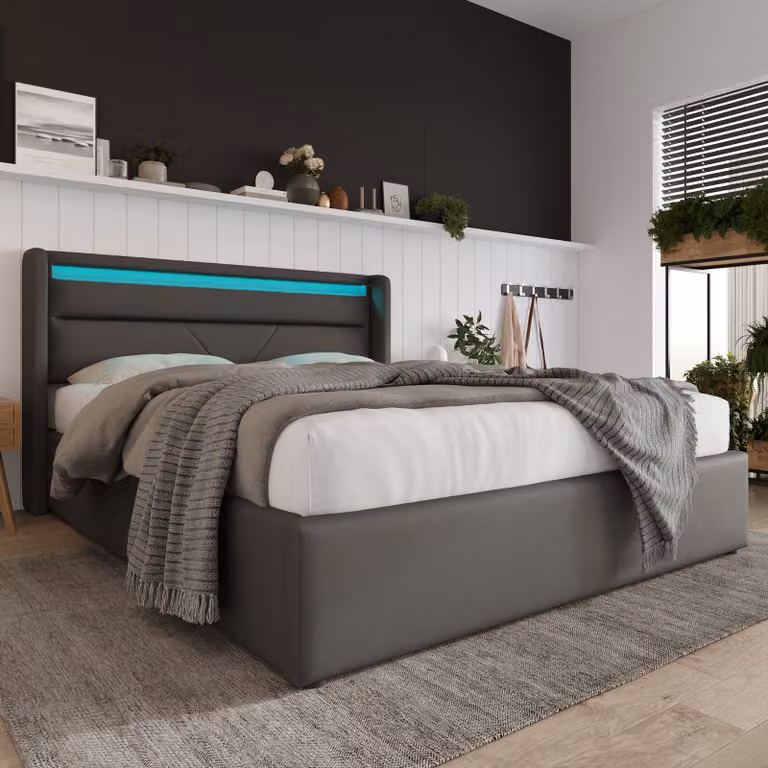 Letto boxspring imbottito STILVORA 140 x 200 cm, letto con contenitore idraulico, cassettone e illuminazione a LED, PU, grigio (senza materasso)