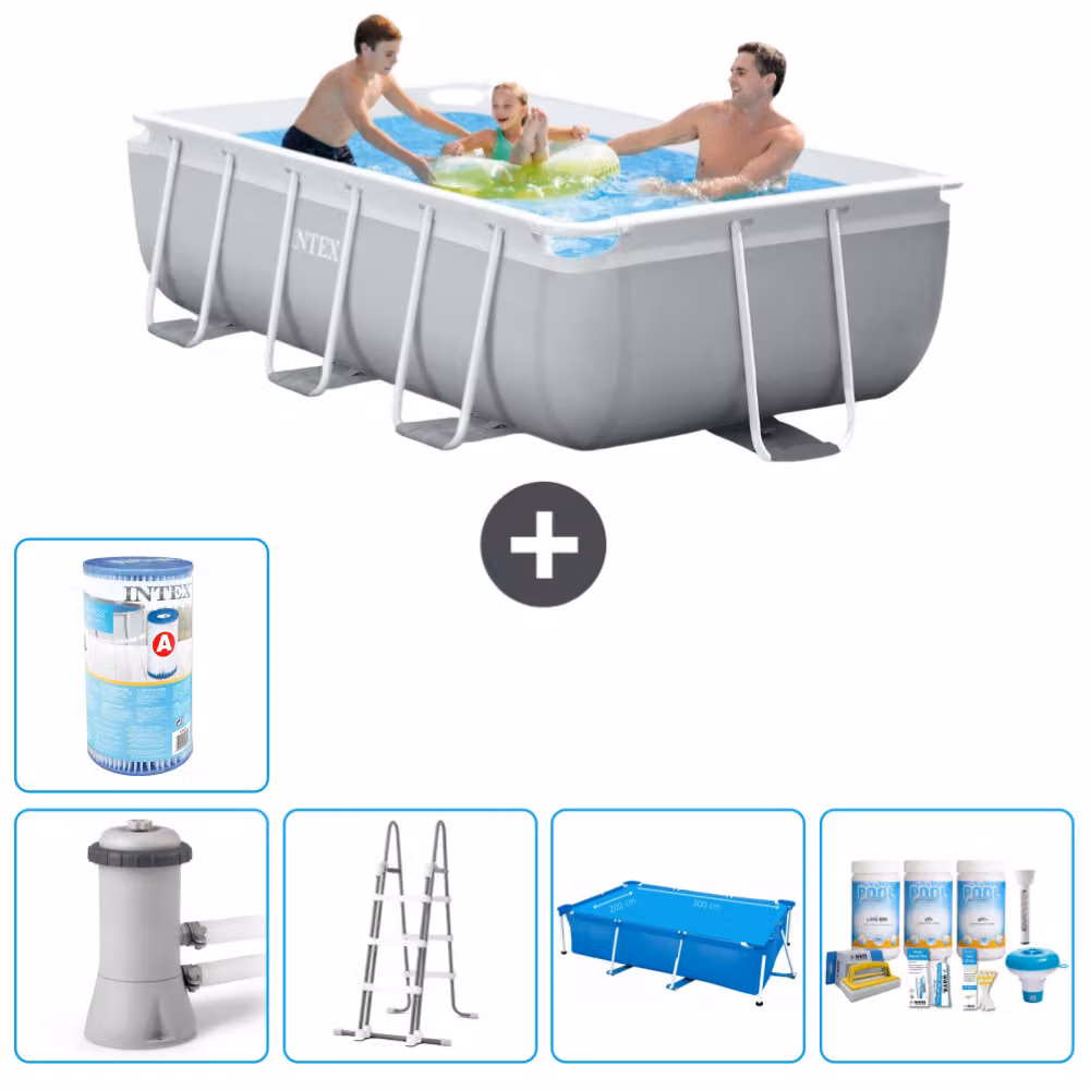 Piscina Intex con struttura a prisma rettangolare - 300 x 175 x 80 cm - grigio - inclusa pompa - scala - tenda da sole - pacchetto manutenzione - filtro