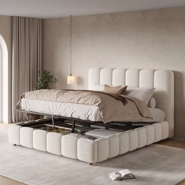 Letto matrimoniale 140 × 190 cm contenitore idraulico con rete a doghe testiera imbottita bouclé bianco