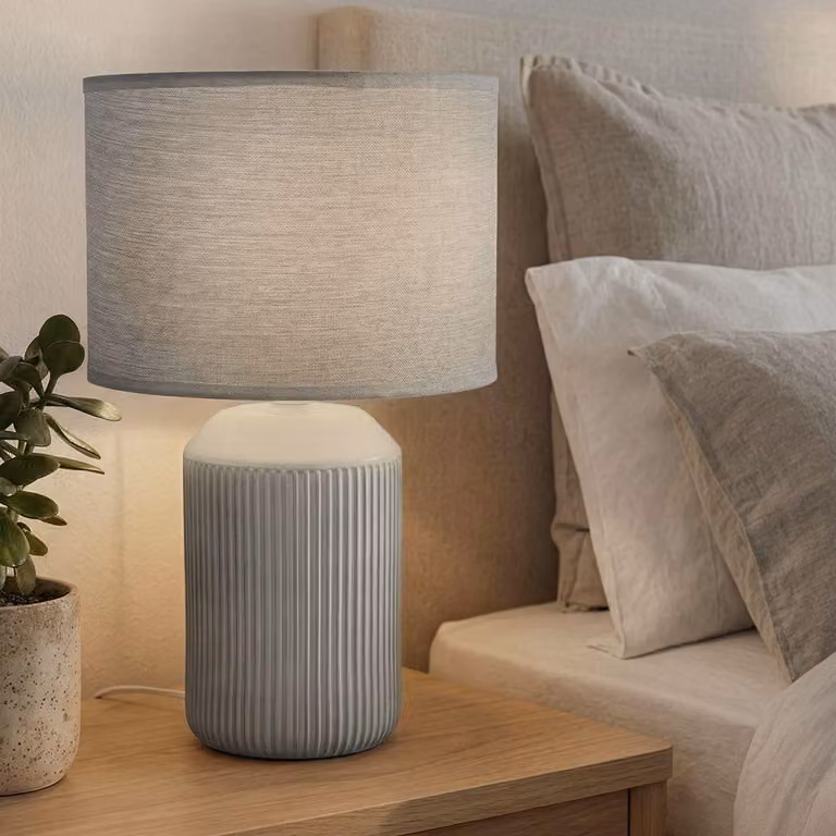 Briloner Ino, lampada da tavolo, paralume in tessuto, interruttore a cavo, base in Vetroceramica, grigio, Ø22 x 37,5 cm