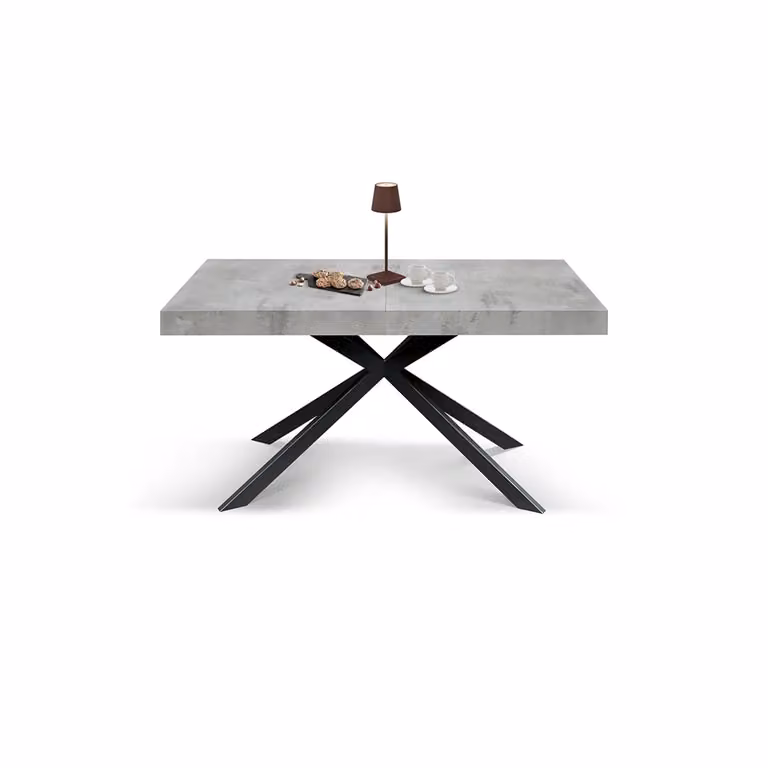 Tavolo CAMAIORE in legno, finitura grigio cemento e base a X in metallo antracite, allungabile 180×90 cm - 260×90 cm